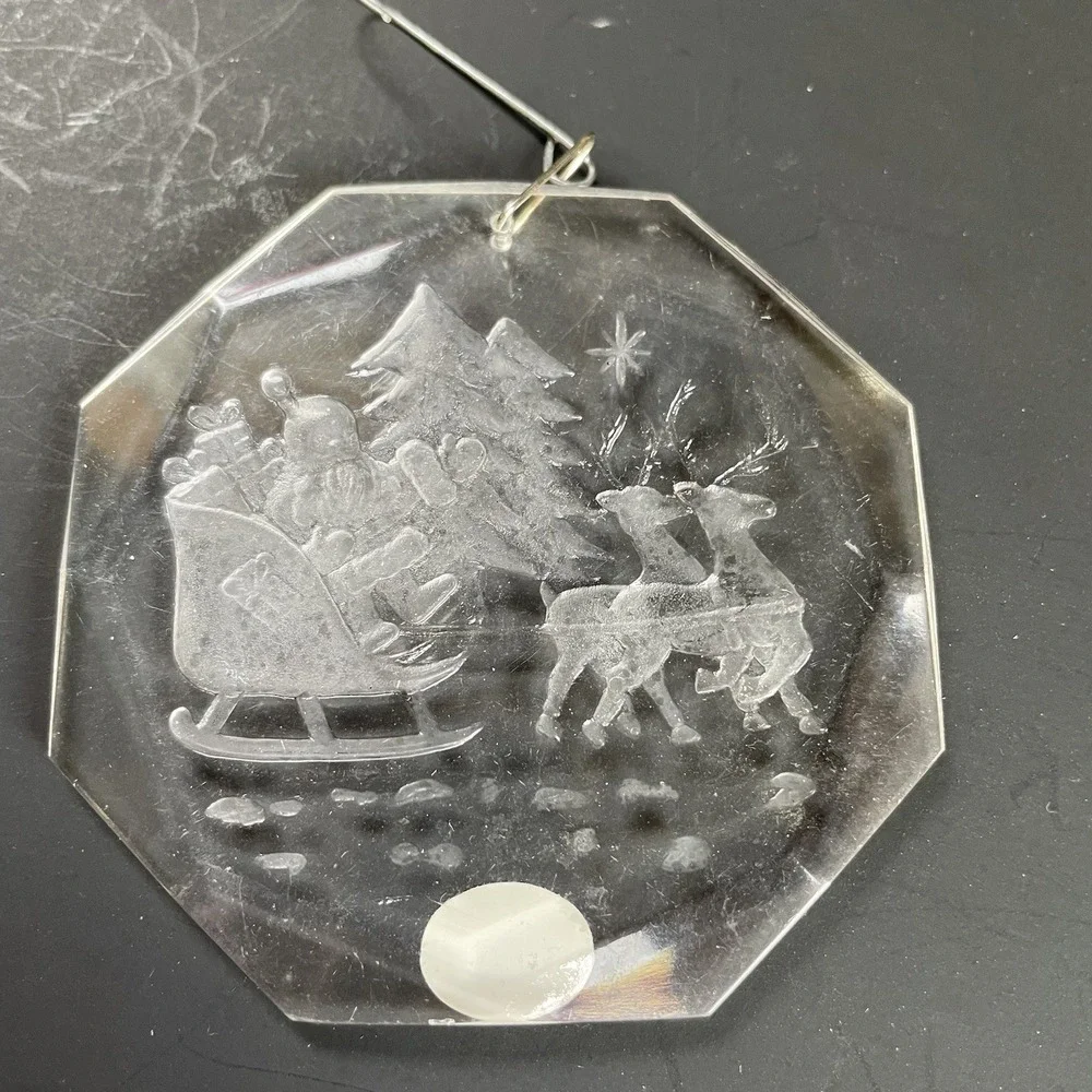 Vintage Calfax Acrylic Christmas Ornament Reindeer‎ Pulling Santa Claus 1979